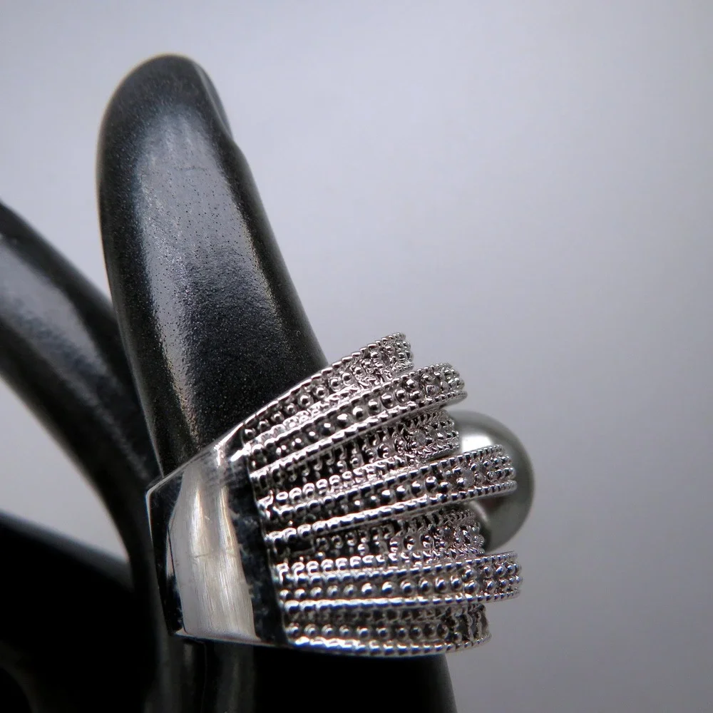 Wide Multi Row Pave Rhinestone Faux Grey Pearl Statement Ring Size 5 Silver Tone